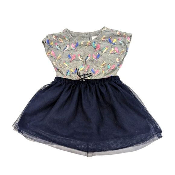 Baby Gap Bird Gray Blue Tulle Short Sleeve Spring Summer Dress Girl Size 18-24mo - Picture 1 of 7